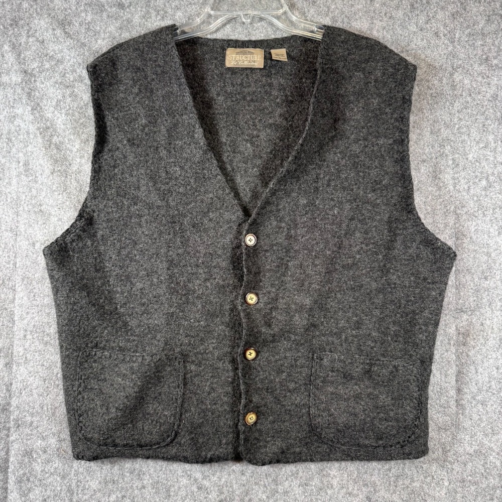 Vintage Structure Le Collezioni Wool Vest Mens Large Grey Tweed Patch Pockets